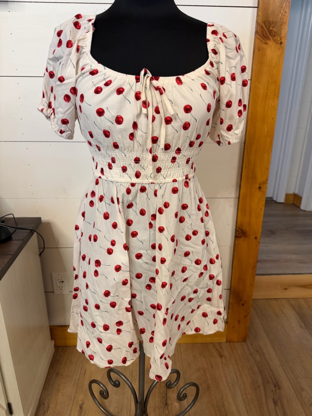 Francesca's Collections White Cherry-Print Short Puff-Sleeve Mini Dress